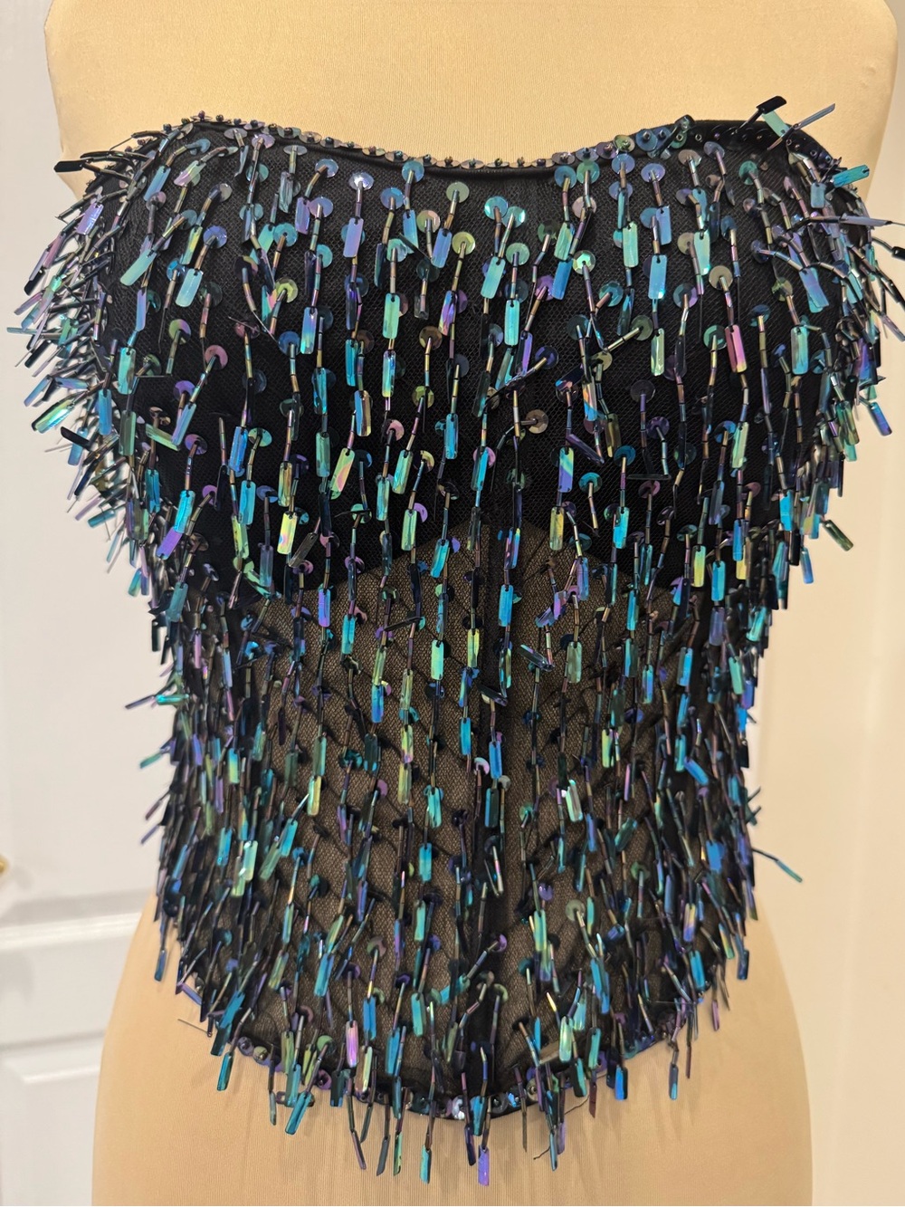 Black iridescent hand beaded Sequin Embellished Strapless bustier‎ corset Top